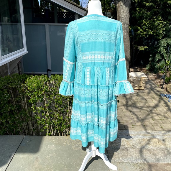 SOFT SURROUNDINGS Boheme Tiered Embroidered Dress Aqua Blue Size M - Picture 3 of 9